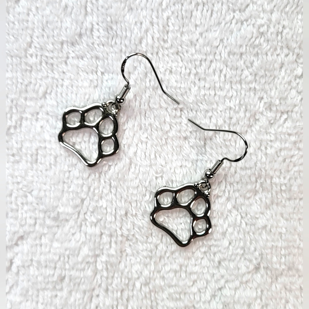 Silver Paw Print Statement Dangle Earrings / Pierced - Picture 3 of 5